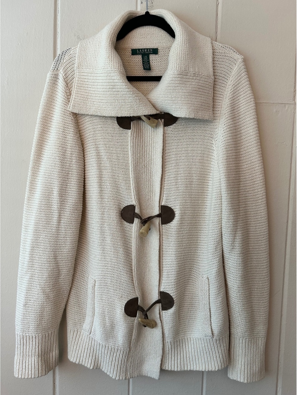 Lauren Ralph Lauren Cream Toggle Cardigan Rib Knit Sweater Womens Size Large